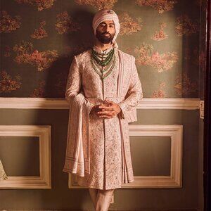 Pastel Pink Embroidered Silk Sherwani with Turban and Green Mala Set for Groom